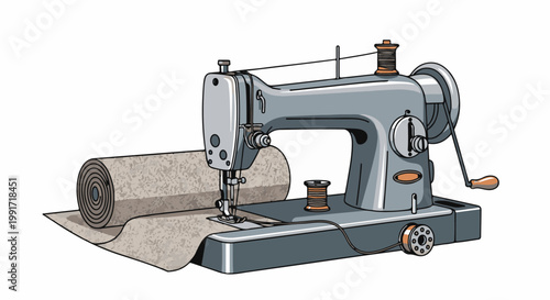 Vintage sewing machine with fabric roll and thread spools