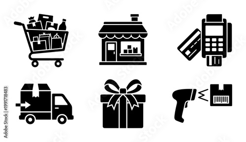Shopping and retail icon set, black solid e-commerce symbols, 6 vector elements for store checkout and delivery logistics