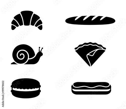 French bakery food icons set, black silhouette croissant and baguette vector, traditional macaron and crepe symbols for cafe menu design