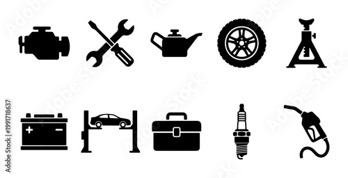 Automotive repair icons set, 10 car service vector symbols, black mechanic tools and garage equipment silhouettes for maintenance and workshop branding