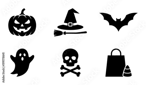 Halloween silhouette icons set, spooky holiday vector elements including pumpkin and skull, black flat design symbols for seasonal party invitations