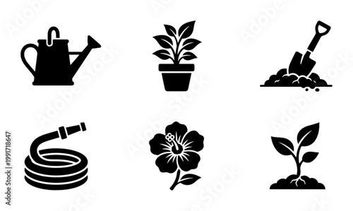 Gardening icon set with 6 black vector silhouettes, garden tools and plant symbols, watering can and shovel icons for landscaping and horticulture