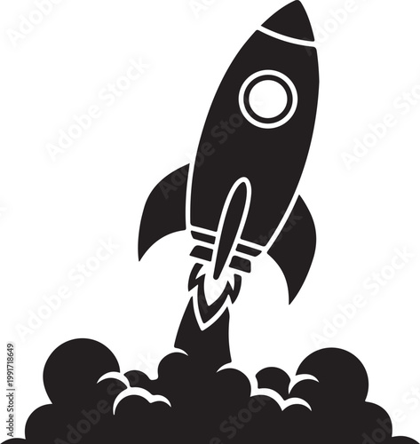 A sleek rocket launching through a cluster of clouds into the sky silhouette vector icon