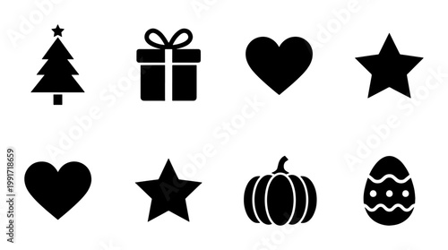 Minimalist holiday icon set, black silhouette seasonal symbols, 8 vector elements for Christmas, Halloween, Easter, and Valentine's Day celebrations