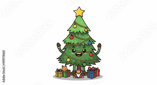 A cheerful, anthropomorphic Christmas tree with a star, ornaments, gifts, and a gnome