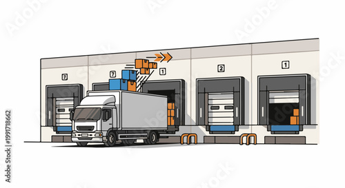 Warehouse loading dock with truck and stacked boxes
