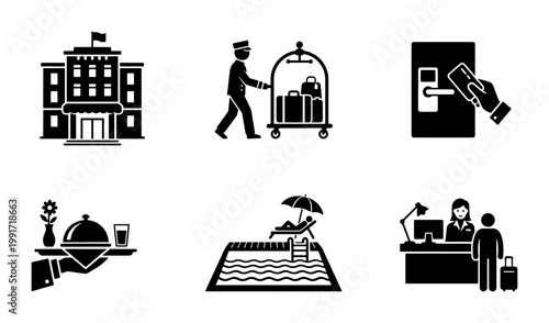 Hotel service icon set, black hospitality symbols for travel and tourism, 6 vector elements for accommodation and guest services