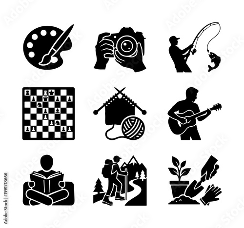 Leisure hobby and lifestyle icons set, 9 black vector silhouettes of creative activities, gardening and outdoor recreation symbols for web design