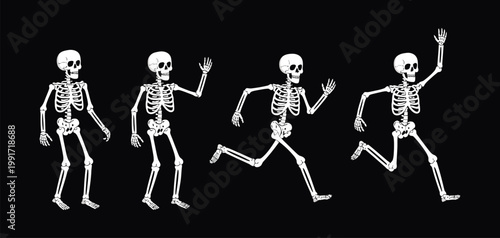 Cartoon Skeletons in Playful Poses Vector Set, Running and Scary Halloween Characters, Funny Bone Figures Collection Isolated on White Background for Party Design, Stickers, Posters, and Decorations
