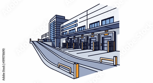 Warehouse loading docks with ramp and protective barriers