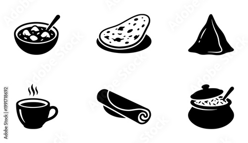 Indian food icon set with 6 black vector elements, traditional cuisine symbols including naan bread, samosa, curry bowl, and masala chai tea