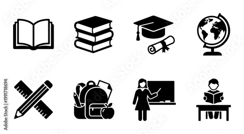 Education icon set with 8 black vector symbols, school and university learning elements, graduation and academic study icons for web design
