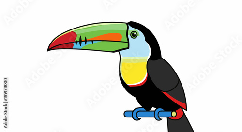 Vibrant toucan with a large, multi-colored beak perched on a blue branch