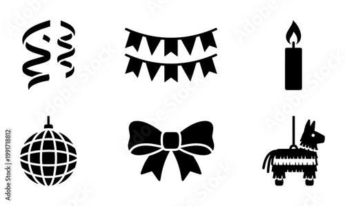 Minimalist party celebration icon set, black solid vector symbols for birthday and events, 6 festive elements including disco ball and pinata