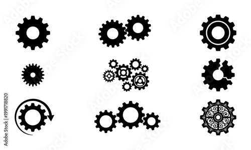 Industrial gear icons set, black mechanical cogwheel silhouettes, engineering hardware vector elements for technical design and machinery concepts
