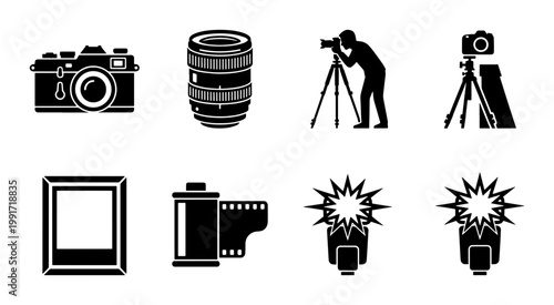 Photography icon set with camera, lens, tripod and film roll. Professional photographer equipment icons. Black silhouette vector symbols for studio.