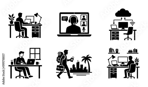Remote work and digital nomad icon set, freelance workspace and video conference vector illustrations, 6 black silhouette office and travel icons