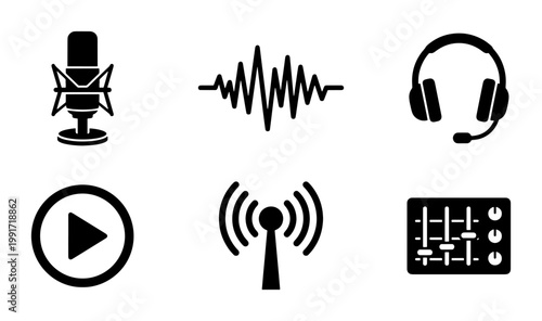 Podcast and audio production icon set, 6 black vector symbols for radio broadcasting, professional recording studio equipment and sound wave elements