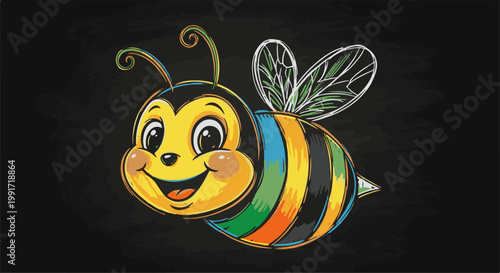 A cheerful, cartoonish bee with vibrant stripes on its body, drawn on a dark chalkboard background