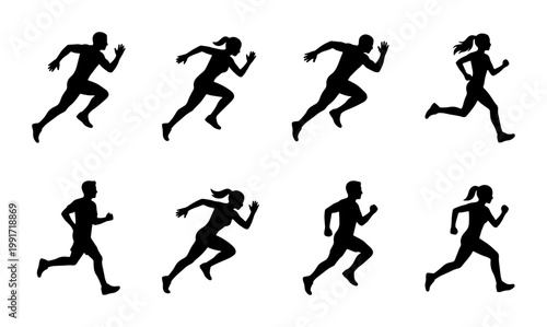 Running silhouette vector set, black male and female runner icons, athletic people sprinting and jogging figures, 8 sport exercise poses