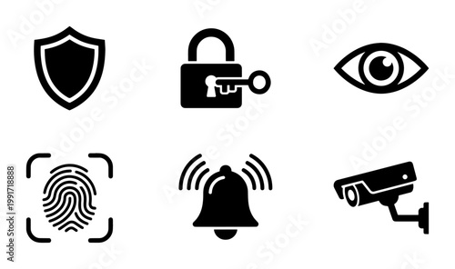 Security icon set with 6 black vector elements, cyber protection and surveillance symbols, digital privacy and home safety icons for web design