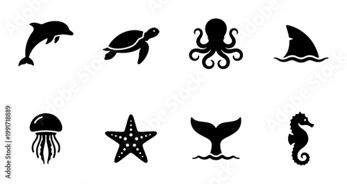 Sea animal icons set, black aquatic creature silhouettes, ocean life vector graphics including dolphin, shark fin, octopus, and sea turtle