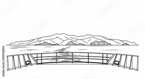 View from a ship's deck of a rugged, mountainous island across calm waters