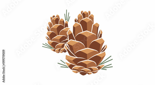 Two stylized pine cones with green pine needles on white