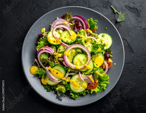 Vibrant salad with fresh greens, cucumber slices, red onion rings, and mustard dressing