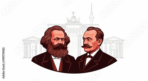 Two historical men in suits, with Berlin's Brandenburg Gate and TV Tower