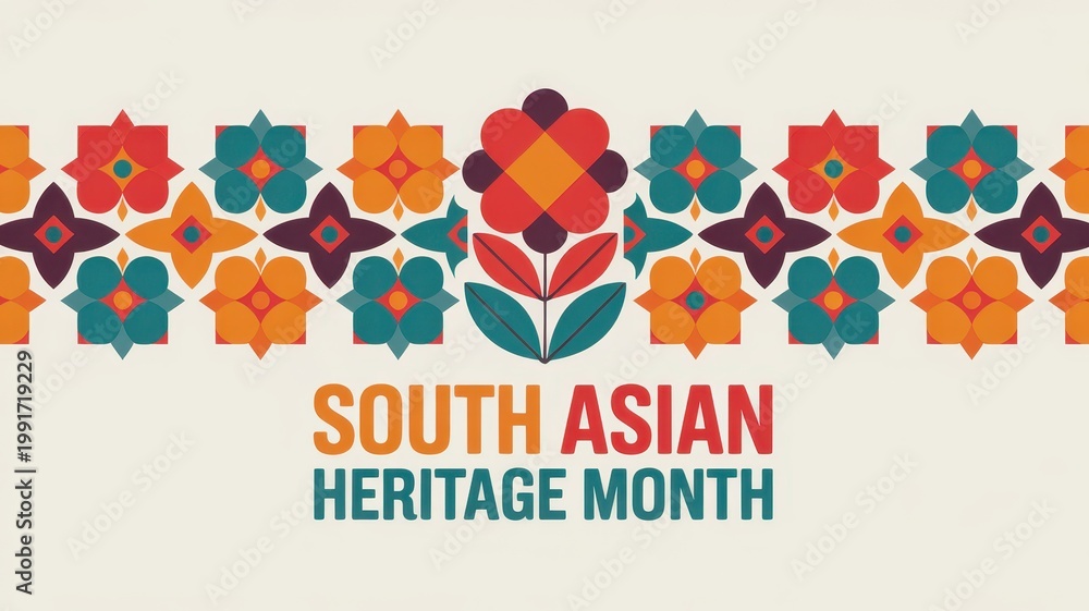 Fototapeta premium South Asian Heritage Month banner with stylized geometric floral pattern on light background