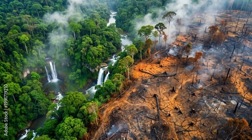 Aerial View of Lush Green Tropical Rainforest Contrasted with Burnt Barren Land Showing Environmental Destruction and Climate Change Impact