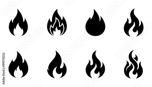 Black fire flame icon set, 8 minimalist burning bonfire silhouettes, flat vector flame symbols for logo design and safety warning signs