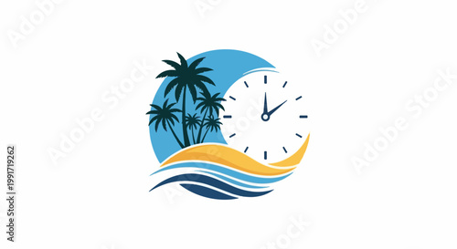 Tropical island scene with palm trees and a clock on a blue background