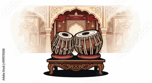 Two traditional Indian tabla drums on a decorative stand in an ornate setting