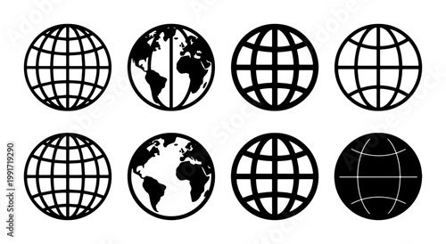 Minimalist globe icon set, black world map sphere symbols, 8 vector earth planet illustrations with grid lines and continents for global business