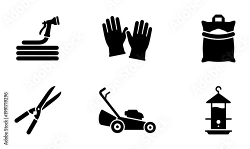 Gardening tools icon set, black silhouette garden equipment collection, 6 vector icons featuring lawn mower and hose, landscaping maintenance symbols