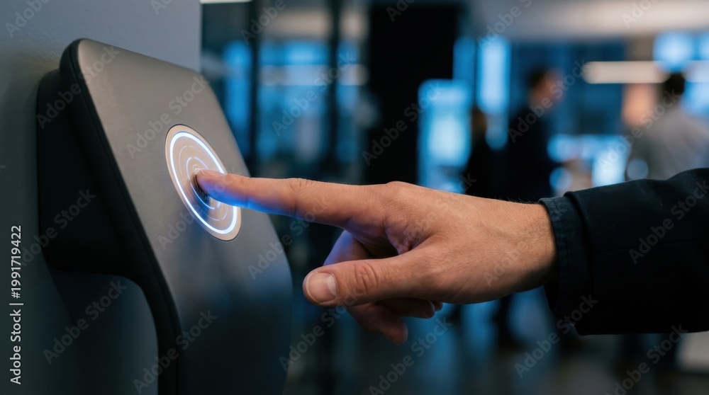 Obraz premium Finger using wall mounted biometric access reader at office. Digital identity verification concept.