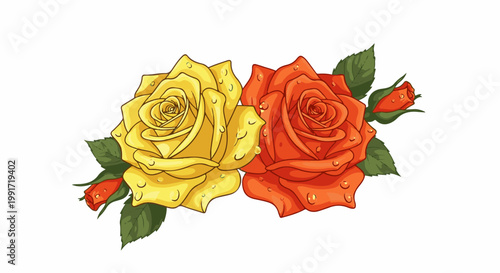 Two vibrant roses, one yellow, one orange, with water droplets and buds