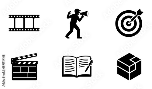 Minimalist black film production icons set, cinema and storytelling vector elements, movie director and script writing symbols, 6 flat graphic icons