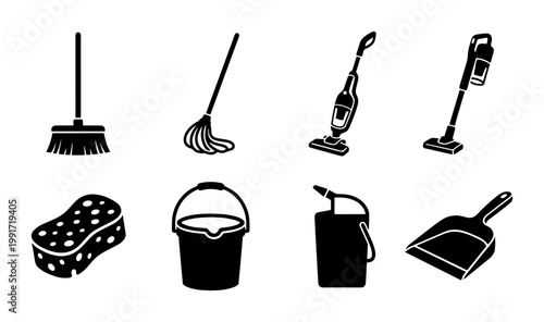 Cleaning equipment icon set with 8 black vector elements, household chores tools collection, vacuum cleaner and mop symbols for housekeeping services
