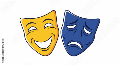 Two theatre masks, one smiling yellow, one sad blue, on white