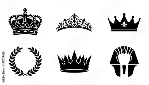 Royal crown silhouette collection, 6 black heraldic icons and symbols, vintage king and queen tiara set, pharaoh and laurel wreath vector elements