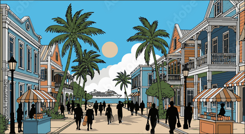 Tropical street scene with palm trees, colorful buildings, shops, and people