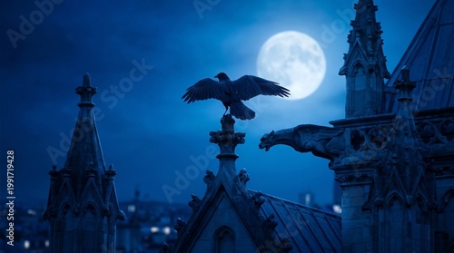 Black raven perched on a gothic cathedral rooftop under a full moon