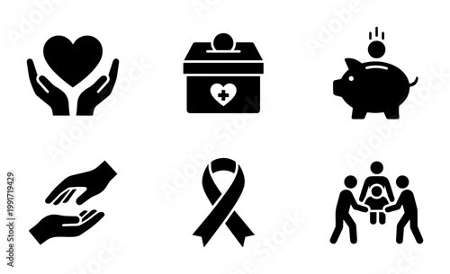 Charity and donation icon set, 6 black solid vector symbols for non-profit organizations, humanitarian aid and community support graphics