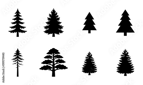 Pine tree silhouettes set, 8 evergreen forest tree icons, black coniferous fir and spruce vector elements, minimalist nature symbols for outdoor branding