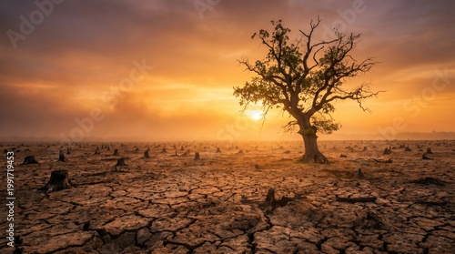 Lone tree standing in a barren landscape during a sunset of climate change