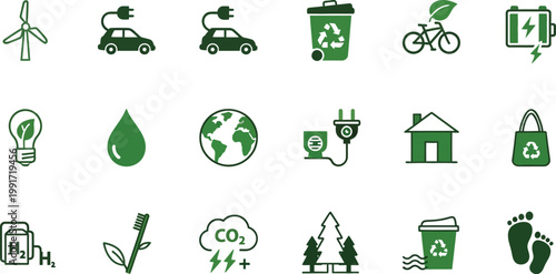 Icons representing various sustainable and eco friendly practices and resources Vector