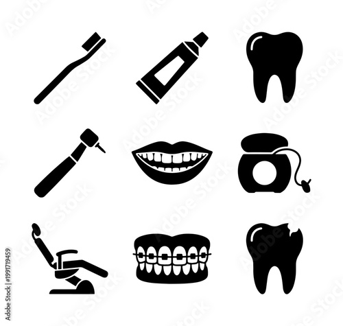 Dental care icon set with 9 black silhouettes, stomatology and oral hygiene symbols, tooth and orthodontic braces vector elements for dentistry